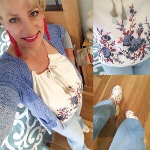 Drew Floral Embroidered White Cami Blouse L